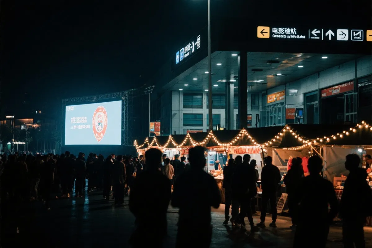 费城球迷广场夜景：大屏观赛人群、步行指示牌与公共交通入口